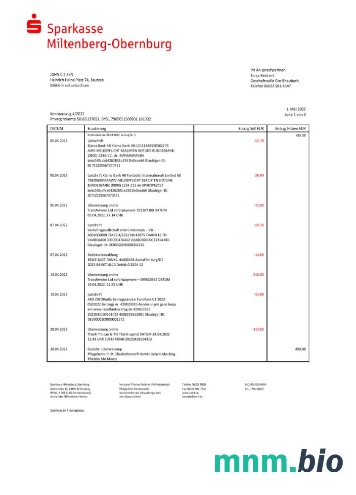 Niemcy Sparkasse Miltenberg-Obernburg szablon wyciągu bankowego, format Word i PDF